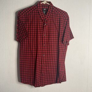 Men's H&M Fitted Button Down Shirt Large Red Black Short Sleeve Pocket Western L